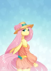 Size: 1602x2241 | Tagged: anthro, artist:ladychimaera, clothes, derpibooru import, female, flower, fluttershy, folded wings, hat, looking at you, looking back, looking back at you, mare, pegasus, safe, smiling, solo, sun hat, tail wrap, wings