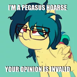 Size: 467x467 | Tagged: artist needed, safe, derpibooru import, oc, oc:apogee, pegasus, pony, caption, cute, glasses, image macro, meme, misspelling, opinion, response, tail wrap