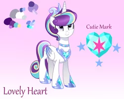 Size: 1500x1200 | Tagged: safe, artist:sugaryicecreammlp, derpibooru import, oc, oc:lovely heart, unofficial characters only, alicorn, pony, alicorn oc, crown, cute, cutie mark, female, gradient background, jewelry, mare, necklace, ocbetes, offspring, parent:princess cadance, parent:shining armor, parents:shiningcadance, reference sheet, regalia, solo