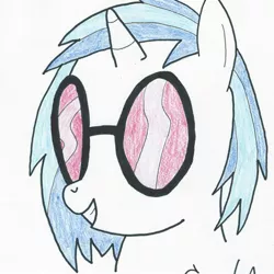 Size: 2067x2067 | Tagged: artist needed, safe, artist:dachosta, derpibooru import, vinyl scratch, pony, unicorn, bust, colored pencil drawing, female, pencil drawing, simple background, solo, sunglasses, traditional art, white background