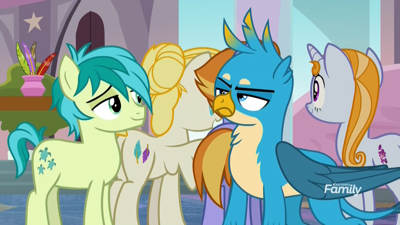 Size: 1920x1080 | Tagged: safe, derpibooru import, screencap, auburn vision, gallus, sandbar, summer breeze, summer meadow, gryphon, pegasus, pony, unicorn, school daze, amused, background pony, female, friendship student, hair bun, male, mare, school of friendship, stallion, unamused