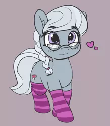 Size: 1308x1502 | Tagged: safe, artist:pabbley, derpibooru import, silver spoon, earth pony, pony, 30 minute art challenge, :3, blushing, clothes, cute, daaaaaaaaaaaw, female, filly, glasses, gray background, heart, kneesocks, silverbetes, simple background, socks, solo, striped socks