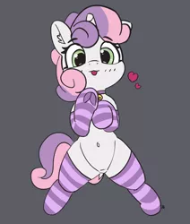 Size: 1528x1804 | Tagged: suggestive, artist:pabbley, derpibooru import, sweetie belle, pony, unicorn, :p, belly button, blushing, clothes, collar, crotch bulge, cute, daaaaaaaaaaaw, diasweetes, female, filly, heart, silly, socks, solo, spread legs, spreading, striped socks, tongue out