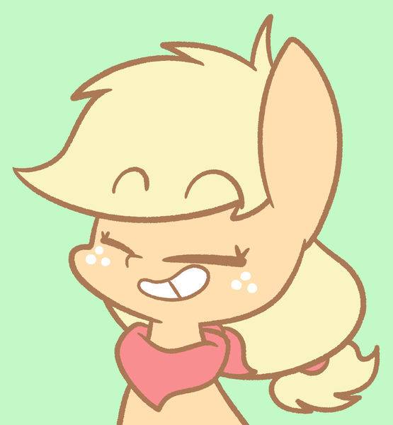 Size: 1280x1385 | Tagged: safe, artist:typhwosion, derpibooru import, applejack, earth pony, pony, bandana, cute, eyes closed, female, freckles, green background, grin, hatless, mare, missing accessory, simple background, smiling