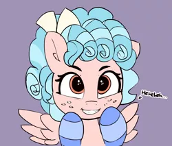 Size: 1162x991 | Tagged: safe, artist:pabbley, derpibooru import, cozy glow, pegasus, pony, marks for effort, clothes, cozybetes, cute, dialogue, female, filly, freckles, laughing, pure concentrated unfiltered evil of the utmost potency, pure unfiltered evil, simple background, smiling, socks, solo, striped socks