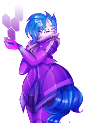 Size: 1800x2400 | Tagged: safe, artist:kittyliladoptshop, derpibooru import, vinyl scratch, anthro, unicorn, clothes, crossover, female, mare, overwatch, simple background, smiling, solo, sombra (overwatch), transparent background