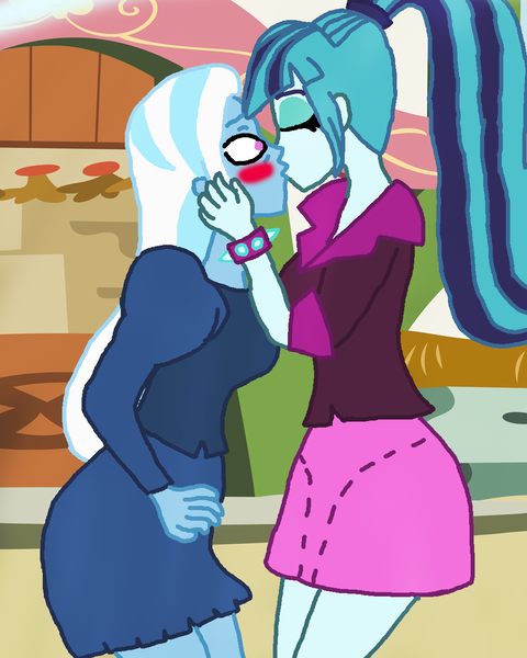 Size: 1000x1250 | Tagged: safe, artist:ktd1993, derpibooru import, sonata dusk, trixie, equestria girls, blushing, female, kissing, lesbian, shipping, trixiedusk