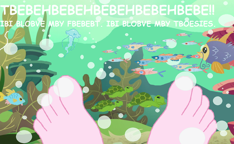 Size: 1168x720 | Tagged: suggestive, artist:egskinnydippers101, derpibooru import, edit, pinkie pie, fish, jellyfish, turtle, equestria girls, barefoot, cute, feet, fetish, foot fetish, foot focus, gurgling, laughing, ms paint, ocean, offscreen character, reef, solo, toes, underwater