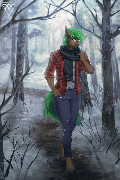 Size: 900x1350 | Tagged: safe, artist:margony, derpibooru import, oc, oc:jaeger, oc:jaeger sylva, unofficial characters only, anthro, earth pony, unguligrade anthro, anthro oc, clothes, commission, digital art, forest, glasses, green hair, green mane, green tail, male, scarf, signature, solo, stallion, walking, winter