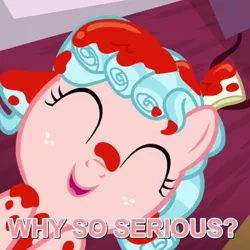 Size: 690x690 | Tagged: safe, derpibooru import, edit, edited screencap, screencap, cozy glow, pony, marks for effort, cozybetes, cropped, cute, eyes closed, female, filly, image macro, implied blood, meme, smiling, solo, text, the joker