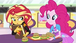 Size: 1280x720 | Tagged: safe, derpibooru import, screencap, pinkie pie, sunset shimmer, equestria girls, mirror magic, spoiler:eqg specials, book, bracelet, burger, chair, discovery family logo, food, geode of empathy, geode of sugar bombs, hamburger, jewelry, journal, looking at each other, magical geodes, smiling, storefront, table, television, tray