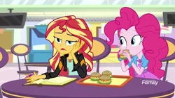 Size: 1280x720 | Tagged: safe, derpibooru import, screencap, pinkie pie, sunset shimmer, equestria girls, mirror magic, spoiler:eqg specials, book, bracelet, burger, chair, food, geode of empathy, geode of sugar bombs, hamburger, jewelry, journal, looking at each other, magical geodes, raised eyebrows, smiling, storefront, table, television, that human sure does love burgers, tray