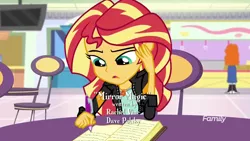 Size: 1280x720 | Tagged: safe, derpibooru import, screencap, sunset shimmer, equestria girls, mirror magic, spoiler:eqg specials, background human, book, bracelet, canterlot mall, chair, credits, dave polsky, discovery family logo, geode of empathy, jewelry, journal, magical geodes, rachel vine, raised eyebrow, smiling, storefront, table, television, tray