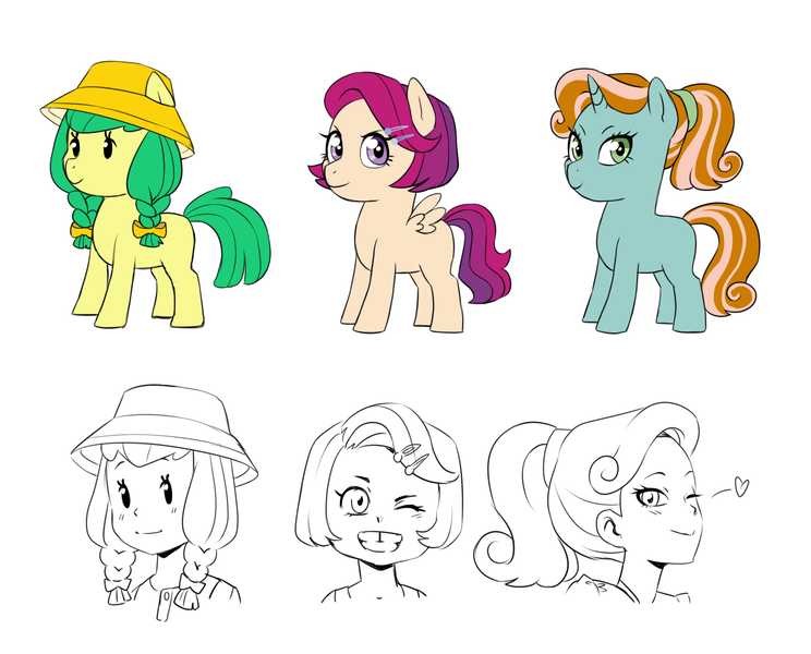 Size: 1886x1520 | Tagged: safe, artist:pikokko, derpibooru import, oc, oc:lightning chaser, oc:needle, oc:raindrop, unofficial characters only, earth pony, human, pegasus, pony, unicorn, blank flank, braid, female, filly, hat, heart, humanized, humanized oc, magical lesbian spawn, next generation, offspring, one eye closed, parent:apple bloom, parent:diamond tiara, parent:scootaloo, parent:snails, parent:snips, parent:sweetie belle, parents:scootiara, parents:snailbloom, parents:sweetiesnips, simple background, white background, wink