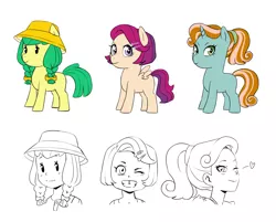 Size: 1886x1520 | Tagged: safe, artist:pikokko, derpibooru import, oc, oc:lightning chaser, oc:needle, oc:raindrop, unofficial characters only, earth pony, human, pegasus, pony, unicorn, blank flank, braid, female, filly, hat, heart, humanized, humanized oc, magical lesbian spawn, next generation, offspring, one eye closed, parent:apple bloom, parent:diamond tiara, parent:scootaloo, parent:snails, parent:snips, parent:sweetie belle, parents:scootiara, parents:snailbloom, parents:sweetiesnips, simple background, white background, wink