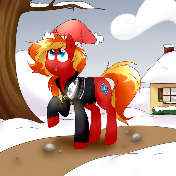 Size: 1280x1280 | Tagged: artist:klngkumquat, christmas, clothes, derpibooru import, hat, holiday, house, oc, oc:dusty sprinkles, safe, santa hat, snow, solo, sweater, tree, tree branch, unofficial characters only, vampony, winter