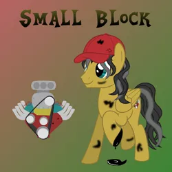 Size: 1080x1080 | Tagged: safe, artist:tacobender, derpibooru import, oc, oc:small block, unofficial characters only, pegasus, pony, black hair, blue eyes, commission, cutie mark, engine, hat, male, mechanic, oil, solo, stallion, vector, wavy hair