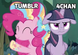 Size: 1280x907 | Tagged: safe, derpibooru import, edit, edited screencap, screencap, mean twilight sparkle, pinkie pie, alicorn, earth pony, pony, the mean 6, 4chan, bow, clone, duo, eyes closed, female, floppy ears, hair bow, image macro, mare, meme, rainbow power, tumblr