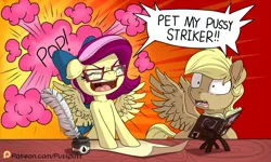 Size: 1200x720 | Tagged: suggestive, artist:pusspuss, derpibooru import, oc, oc:pink pearl, oc:strike zone, unofficial characters only, pegasus, pony, comic:pearl's daydream, comic, dialogue, dream, female, innuendo, mare, shocked, spread wings, wide eyes, wingboner, wings, yelling