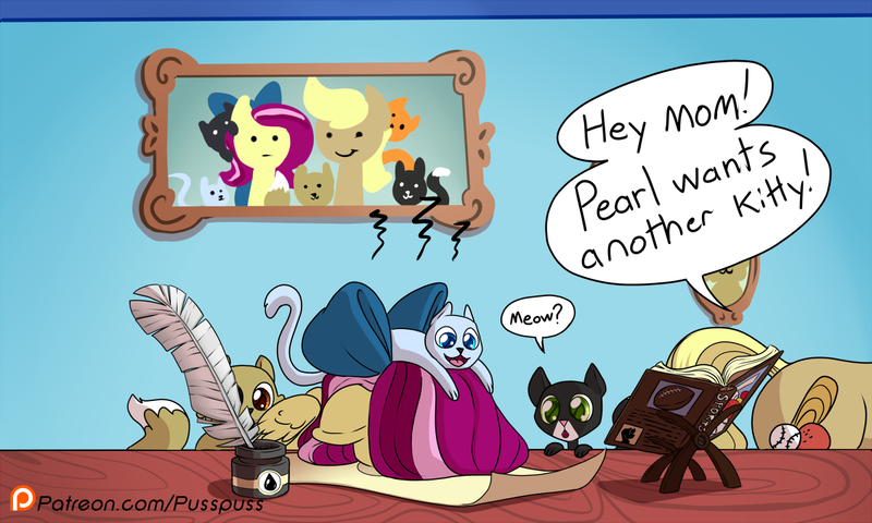 Size: 1200x720 | Tagged: safe, artist:pusspuss, derpibooru import, oc, oc:pink pearl, oc:strike zone, cat, pegasus, pony, comic:pearl's daydream, book, bow, comic, dialogue, facedesk, female, incest, ink, male, mare, parchment, picture frame, quill, stallion