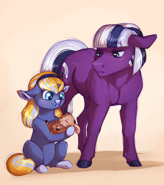 Size: 900x1019 | Tagged: safe, artist:vindhov, derpibooru import, oc, oc:inkwell, oc:love letter, oc:marigold twinkle, unofficial characters only, earth pony, hybrid, pony, unicorn, yakony, baby, colt, digital art, female, filly, floppy ears, half-siblings, holding, interspecies offspring, male, newborn, next generation, offspring, parent:flash sentry, parent:prince rutherford, parent:sunburst, parent:twilight sparkle, parents:flashlight, parents:twiburst, parents:twiford, siblings, snip (coat marking), socks (coat marking), trio