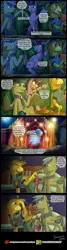 Size: 1000x3756 | Tagged: safe, artist:bonaxor, derpibooru import, twilight sparkle, twilight sparkle (alicorn), oc, oc:prince rigel, oc:sebastian, alicorn, bat pony, gryphon, pony, comic:journey to the lunar republic, car, clothes, comic, condom, gun, handgun, male, one eye closed, pistol, polish, scarf, stallion, wink