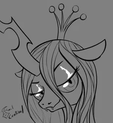 Size: 523x569 | Tagged: artist:soulcentinel, bedroom eyes, bust, changeling, changeling queen, derpibooru import, explicit source, female, grayscale, looking at you, monochrome, queen chrysalis, safe, solo