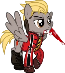 Size: 1139x1267 | Tagged: safe, artist:lightningbolt, derpibooru import, ponified, pegasus, pony, .svg available, angry, boots, clandestine industries, clothes, danger days: the true lives of the fabulous killjoys, gloves, gun, jacket, jewelry, kobra kid, male, mikey way, mouth hold, my chemical romance, necklace, raised hoof, raised leg, ray gun, shirt, shoes, simple background, solo, spread wings, stallion, standing, svg, transparent background, undershirt, vector, weapon, wings, zipper