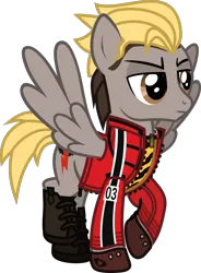 Size: 934x1267 | Tagged: safe, artist:lightningbolt, derpibooru import, ponified, pegasus, pony, .svg available, angry, boots, clandestine industries, clothes, danger days: the true lives of the fabulous killjoys, gloves, jacket, jewelry, kobra kid, male, mikey way, my chemical romance, necklace, raised hoof, raised leg, shirt, shoes, simple background, solo, spread wings, stallion, standing, svg, transparent background, undershirt, vector, wings, zipper