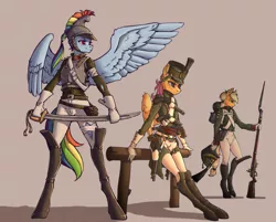 Size: 1984x1598 | Tagged: safe, artist:madhotaru, derpibooru import, applejack, rainbow dash, scootaloo, anthro, earth pony, pegasus, unguligrade anthro, bayonet, boots, clothes, cuirassiers, empire period, female, fence, flintlock, gloves, gun, handgun, hat, leaning, mare, military, military uniform, musket, napoleonic wars, older, older scootaloo, pistol, rifle, russian, saber, shoes, simple background, soldier, spread wings, sword, tan background, trio, uniform, weapon, wings