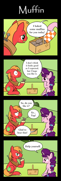 Size: 800x2376 | Tagged: safe, artist:sazanamibd, derpibooru import, big macintosh, sugar belle, earth pony, pony, unicorn, 4koma, comic, female, food, male, mare, muffin, picnic blanket, stallion