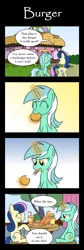 Size: 800x2376 | Tagged: safe, artist:sazanamibd, derpibooru import, bon bon, lyra heartstrings, sweetie drops, earth pony, pony, unicorn, 4koma, burger, comic, drink, female, food, hay burger, magic, mare, what the hay?