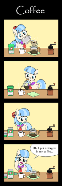 Size: 800x2376 | Tagged: safe, artist:sazanamibd, derpibooru import, coco pommel, earth pony, pony, 4koma, coffee, coffee grinder, coffee pot, comic, cup, detergent, fail, female, filter, kettle, mare, mouth hold, solo