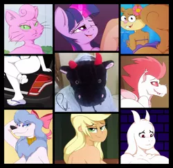 Size: 2000x1937 | Tagged: suggestive, artist:phyll, derpibooru import, applejack, fizzle, rarity, twilight sparkle, anthro, cat, cow, dog, dragon, goat, rodent, squirrel, equestria girls, art vs artist, barefoot, barely pony related, bojack horseman, breasts, car, citroën, citroën c4, faceless human, feet, flower, georgette, horns, looking over shoulder, magic, monster, one eye closed, photo, princess carolyn, sandy cheeks, tongue out, toriel, undertale