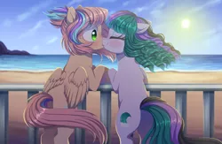 Size: 2600x1700 | Tagged: safe, artist:verawitch, derpibooru import, oc, oc:seafoam, oc:sweet skies, unofficial characters only, pegasus, pony, beach, blushing, cute, female, kissing, lesbian, mare, oc x oc, ocbetes, shipping