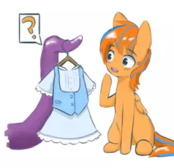 Size: 1465x1417 | Tagged: safe, artist:pezzhippo, derpibooru import, oc, oc:cold front, unofficial characters only, pegasus, pony, clothes, clothes hanger, cute, dress, generosity, happy, question mark, sitting, tail, tentacles, that stallion sure does love dresses, wings