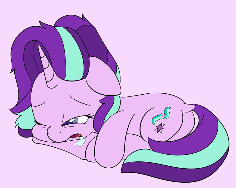 Size: 2513x2000 | Tagged: safe, artist:esfelt, derpibooru import, starlight glimmer, pony, unicorn, cute, cutie mark, drool, female, floppy ears, glimmerbetes, lying down, mare, messy mane, one eye closed, open mouth, prone, sleepy, solo, waking up