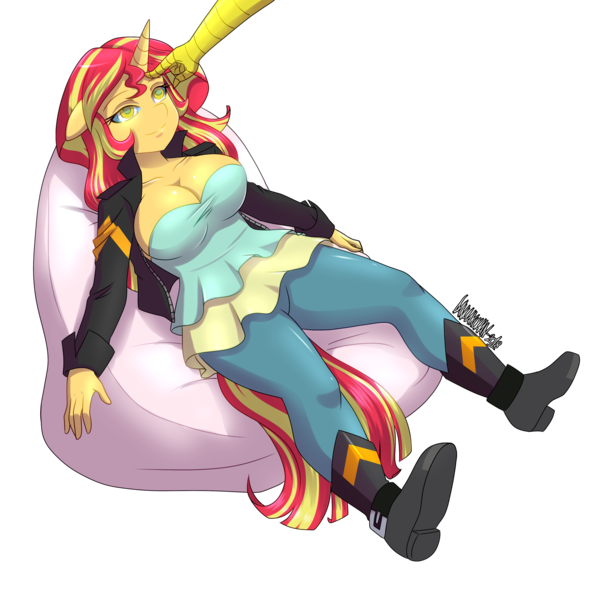 Size: 3500x3500 | Tagged: suggestive, artist:danmakuman, derpibooru import, discord, sunset shimmer, anthro, plantigrade anthro, unicorn, equestria girls, big breasts, breasts, busty sunset shimmer, clothes, commission, high res, horn, hypnosis, hypnotized, jacket, kaa eyes, leather jacket, offscreen character, simple background, transparent background