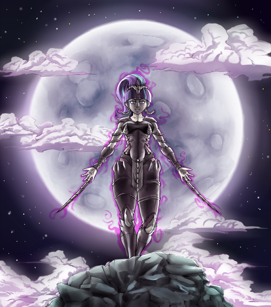 Size: 1500x1695 | Tagged: artist:brother-lionheart, derpibooru import, female, full moon, human, humanized, looking at you, moon, night, safe, sky, solo, starlight glimmer, stars, weapon