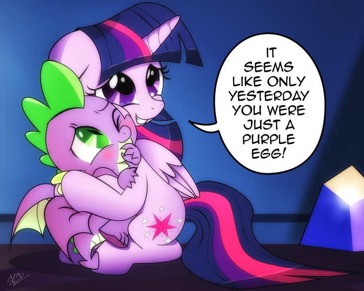 Size: 1444x1155 | Tagged: safe, artist:dsana, derpibooru import, spike, twilight sparkle, twilight sparkle (alicorn), alicorn, dragon, pony, molt down, baby, baby dragon, blushing, crying, cute, cutie mark, daaaaaaaaaaaw, dialogue, dsana is trying to murder us, female, floppy ears, folded wings, green eyes, grin, hnnng, hug, male, mama twilight, mare, one eye closed, proud, reminiscing, signature, sitting, smiling, speech bubble, spikabetes, spikelove, spread wings, squishy cheeks, sweet dreams fuel, tears of joy, text, they grow up so fast, twiabetes, twilight's castle, weapons-grade cute, winged spike, wings, wink