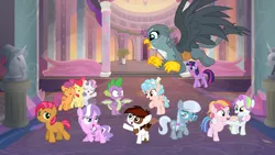 Size: 1280x720 | Tagged: safe, artist:huntercwalls, derpibooru import, apple bloom, babs seed, coconut cream, cozy glow, diamond tiara, gabby, pipsqueak, scootaloo, silver spoon, spike, sweetie belle, toola roola, twilight sparkle, twilight sparkle (alicorn), alicorn, dragon, gryphon, marks for effort, molt down, cutie mark crusaders, female, filly, hallway, one of these things is not like the others, photoshop, school of friendship, winged spike, wings