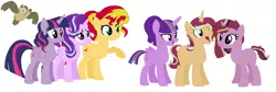 Size: 1544x520 | Tagged: safe, artist:theturtleteen, derpibooru import, owlowiscious, starlight glimmer, sunset shimmer, twilight sparkle, twilight sparkle (alicorn), oc, oc:eclipse, oc:starshine blitz, oc:starswirl, alicorn, pony, unicorn, alternate hairstyle, family, female, lesbian, magical lesbian spawn, mare, next generation, offspring, parent:starlight glimmer, parent:sunset shimmer, parent:twilight sparkle, parents:shimmerglimmer, parents:sunsetsparkle, parents:twistarlight, polyamory, raised hoof, shimmerglimmer, shipping, simple background, sunsetsparkle, twishimmerglimmer, twistarlight