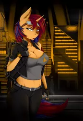 Size: 4500x6500 | Tagged: safe, artist:redwix, derpibooru import, oc, oc:sweet voltage, unofficial characters only, anthro, unicorn, absurd resolution, anthro oc, backpack, breasts, city, cityscape, cleavage, clothes, digital art, female, fingerless gloves, gloves, goggles, mare, nail polish, night, sexy, sinfully sexy, solo