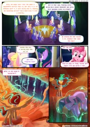 Size: 3500x4950 | Tagged: safe, artist:light262, artist:lummh, derpibooru import, applejack, fluttershy, pinkie pie, rainbow dash, rarity, twilight sparkle, twilight sparkle (alicorn), oc, oc:princess tempora, alicorn, pony, unicorn, comic:timey wimey, alicorn oc, comic, dialogue, eyes closed, friendship throne, levitation, magic, mane six, speech bubble, telekinesis, twilight's castle, unicorn twilight