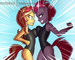 Size: 1000x800 | Tagged: suggestive, artist:thealjavis, derpibooru import, sunset shimmer, tempest shadow, human, equestria girls, my little pony: the movie, breasts, clothes, eared humanization, female, females only, humanized, keijo, one-piece swimsuit, swimsuit, symmetrical docking, tail, tailed humanization