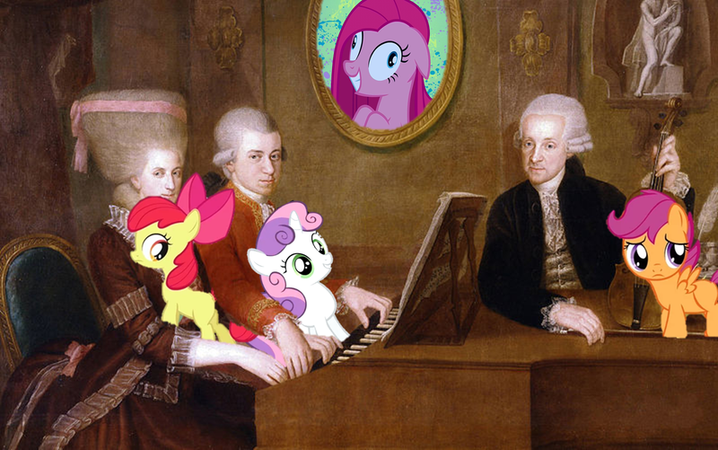 Size: 1509x945 | Tagged: safe, derpibooru import, apple bloom, pinkie pie, scootaloo, sweetie belle, earth pony, human, pegasus, pony, unicorn, bow, female, filly, hair bow, harpsichord, leopold mozart, mare, maria anna mozart, mozart, pinkamena diane pie, powdered wig, violin, wig, wolfgang amadeus mozart