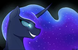 Size: 2000x1287 | Tagged: safe, artist:kirasunnight, derpibooru import, nightmare moon, alicorn, pony, bust, curved horn, ethereal mane, female, glowing eyes, grin, horn, mare, portrait, profile, side view, signature, smiling, solo, starry mane