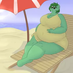 Size: 3500x3500 | Tagged: anthro, artist:lupin quill, bbw, beach, belly, belly button, belly grab, big belly, big breasts, bingo wings, breasts, chubby cheeks, cleavage, clothes, derpibooru import, double chin, dress, fat, female, obese, oc, oc:abilene, sand, sitting, solo, solo female, suggestive, sunglasses, thunder thighs, tight clothing, umbrella, unguligrade anthro
