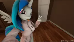 Size: 1920x1080 | Tagged: safe, artist:gr-vinyl-scratch, derpibooru import, vinyl scratch, alicorn, anthro, 3d, alicornified, bedroom, clothes, female, jacket, looking at you, peace sign, race swap, selfie, solo, source filmmaker, tongue out