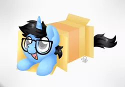 Size: 1150x800 | Tagged: safe, artist:sabrib, derpibooru import, oc, oc:tinker doo, unofficial characters only, unicorn, box, cute, glasses, male, ponies sliding into a box, smiling, solo